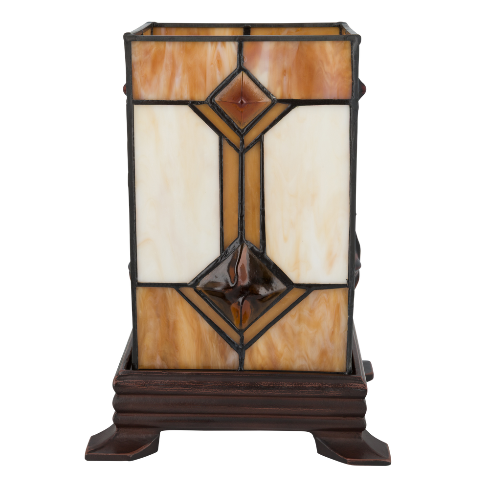 Tiffany kubus tafellamp – Crème & Amber – L 16,5 × B 16,5 × H 21 cm (Art. 7150)