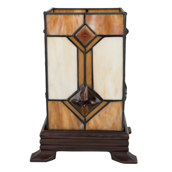Tiffany kubus tafellamp – Crème & Amber – L 16,5 × B 16,5 × H 21 cm (Art. 7150)