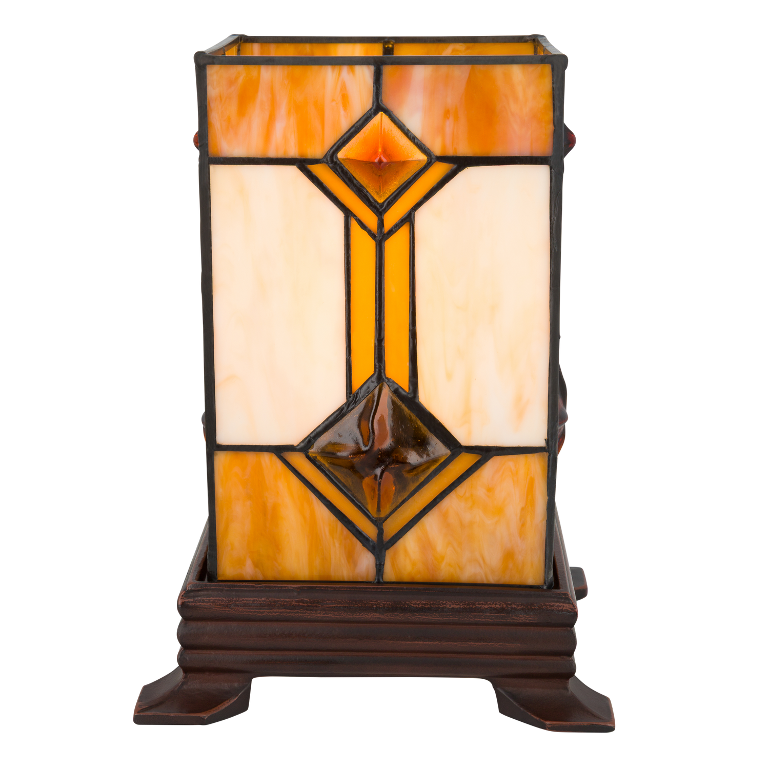 Tiffany kubus tafellamp – Crème & Amber – L 16,5 × B 16,5 × H 21 cm (Art. 7150)