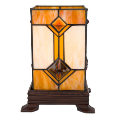 Tiffany kubus tafellamp – Crème & Amber – L 16,5 × B 16,5 × H 21 cm (Art. 7150)