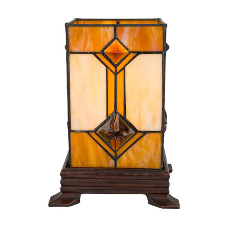 Tiffany kubus tafellamp – Crème & Amber – L 16,5 × B 16,5 × H 21 cm (Art. 7150)