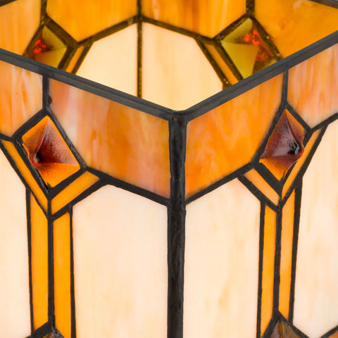 Detail Tiffany tafellamp in kubusontwerp van glas in lood in crème-, amber- en bruintinten