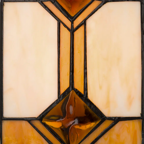 Detail Tiffany tafellamp in kubusontwerp van glas in lood in crème-, amber- en bruintinten