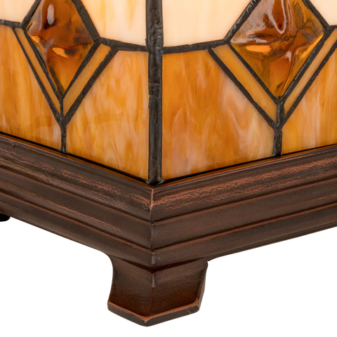 Detail Tiffany tafellamp in kubusontwerp van glas in lood in crème-, amber- en bruintinten