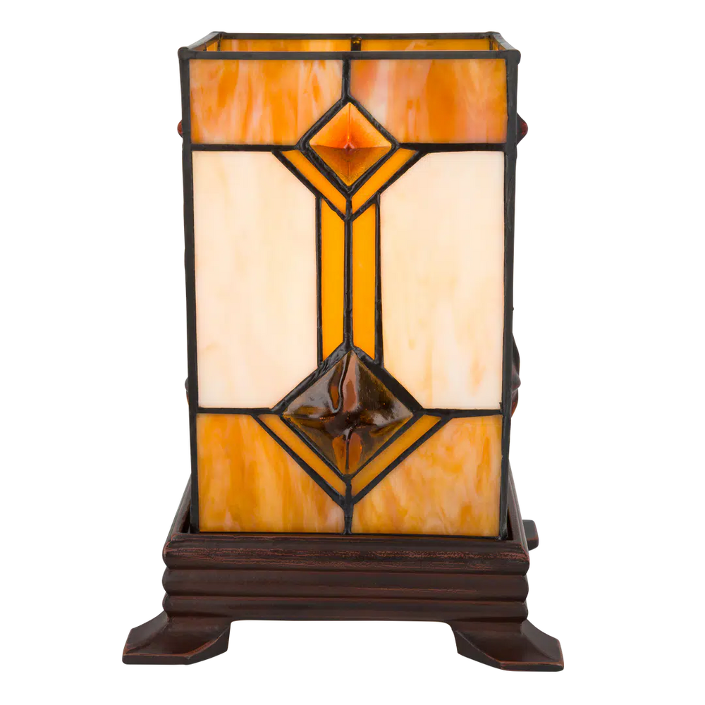 Tiffany kubus tafellamp – Crème & Amber – L 16,5 × B 16,5 × H 21 cm (Art. 7150)
