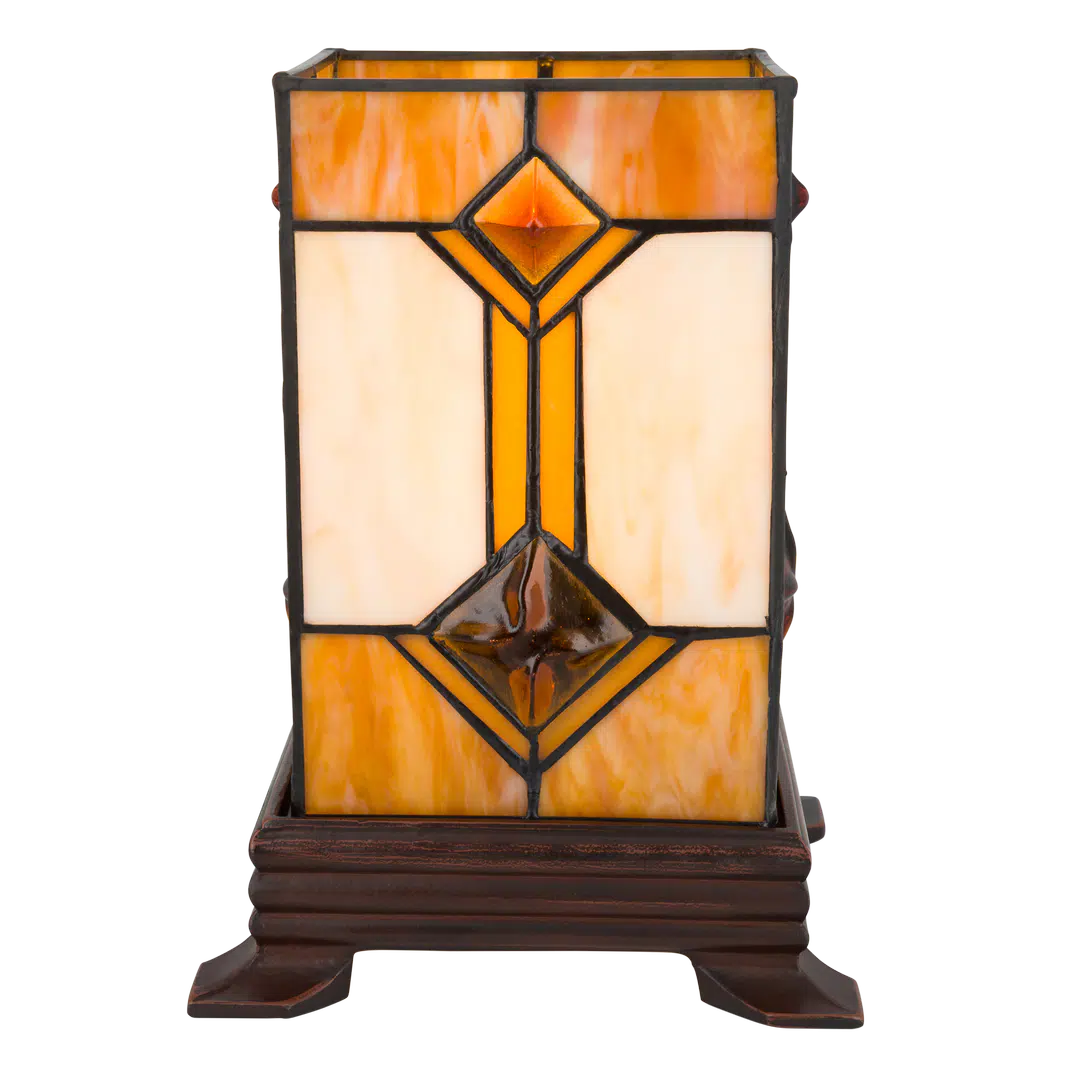 Tiffany kubus tafellamp – Crème & Amber – L 16,5 × B 16,5 × H 21 cm (Art. 7150)