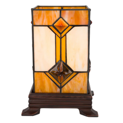 Tiffany kubus tafellamp – Crème & Amber – L 16,5 × B 16,5 × H 21 cm (Art. 7150)