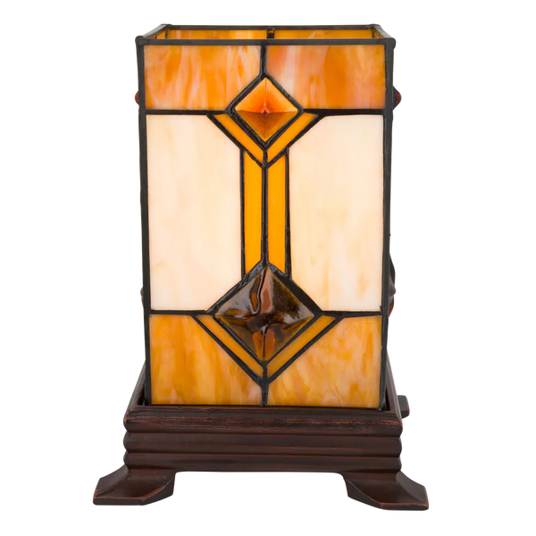 Tiffany kubus tafellamp – Crème & Amber – L 16,5 × B 16,5 × H 21 cm (Art. 7150)