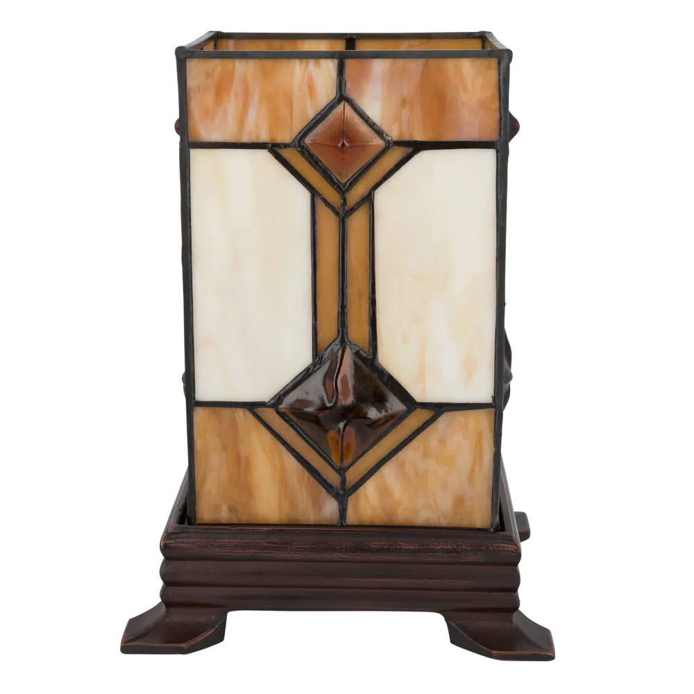 Tiffany kubus tafellamp – Crème & Amber – L 16,5 × B 16,5 × H 21 cm (Art. 7150)