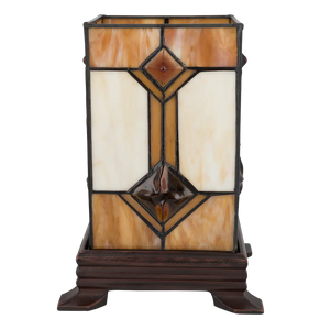Tiffany kubus tafellamp – Crème & Amber – L 16,5 × B 16,5 × H 21 cm (Art. 7150)