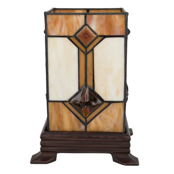 Tiffany kubus tafellamp – Crème & Amber – L 16,5 × B 16,5 × H 21 cm (Art. 7150)