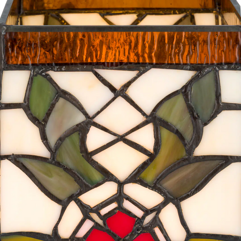 Detail Tiffany tafellamp in kubusontwerp van glas in lood in crème-, groen- en roodtinten