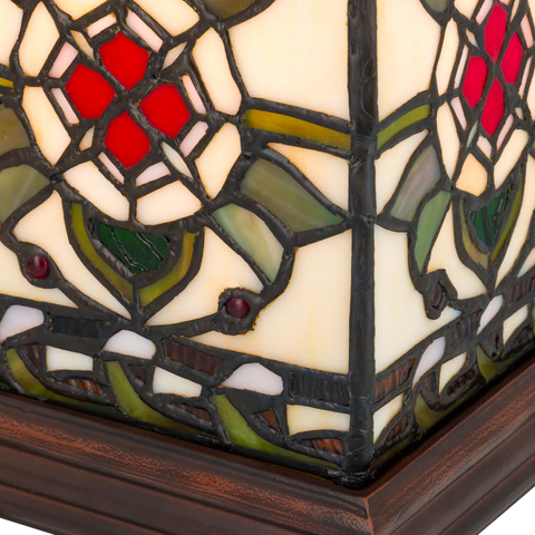 Detail Tiffany tafellamp in kubusontwerp van glas in lood in crème-, groen- en roodtinten