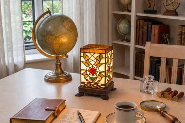 Brandende Tiffany kubuslamp 7151 met geometrisch glas in crème, geel en amber op een houten bureau in een klassieke werkkamer | RORUVERA