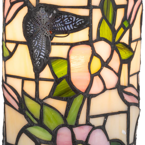 Tiffany tafellamp – Vlinder & Bloemen – Pastelglas – Ø 16,5 cm × H 21 cm (Art. 7175)