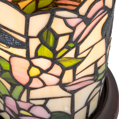 Tiffany tafellamp – Vlinder & Bloemen – Pastelglas – Ø 16,5 cm × H 21 cm (Art. 7175)