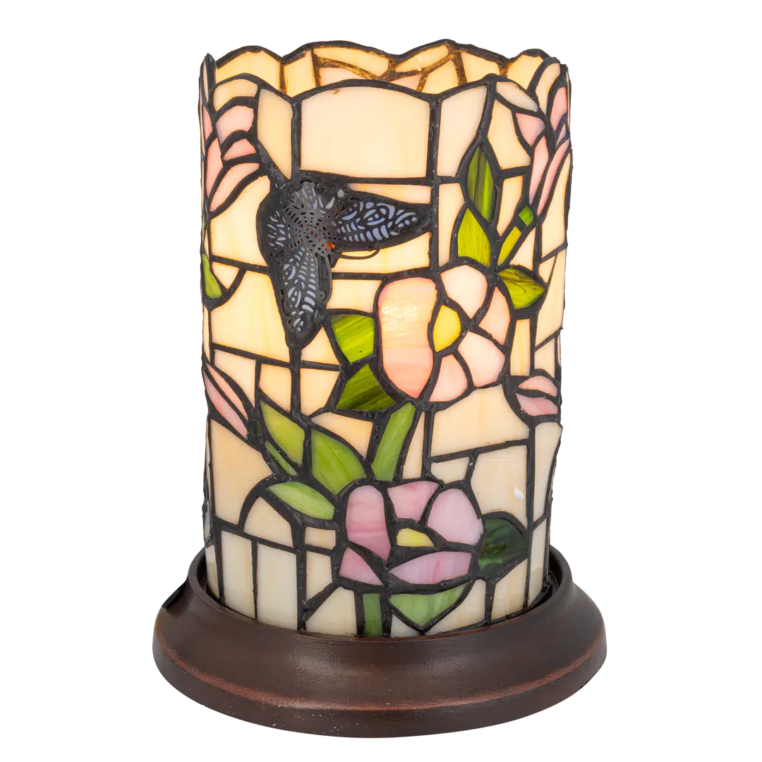 Tiffany tafellamp – Vlinder & Bloemen – Pastelglas – Ø 16,5 cm × H 21 cm (Art. 7175)