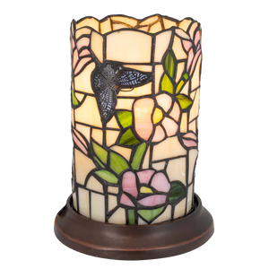 Tiffany tafellamp – Vlinder & Bloemen – Pastelglas – Ø 16,5 cm × H 21 cm (Art. 7175)