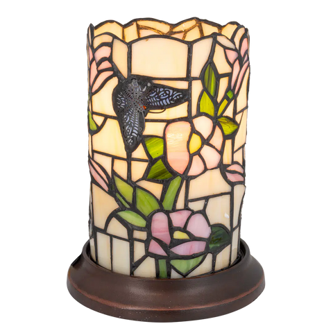 Tiffany tafellamp – Vlinder & Bloemen – Pastelglas – Ø 16,5 cm × H 21 cm (Art. 7175)