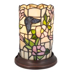 Tiffany tafellamp – Vlinder & Bloemen – Pastelglas – Ø 16,5 cm × H 21 cm (Art. 7175)