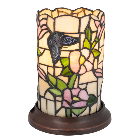 Tiffany tafellamp – Vlinder & Bloemen – Pastelglas – Ø 16,5 cm × H 21 cm (Art. 7175)