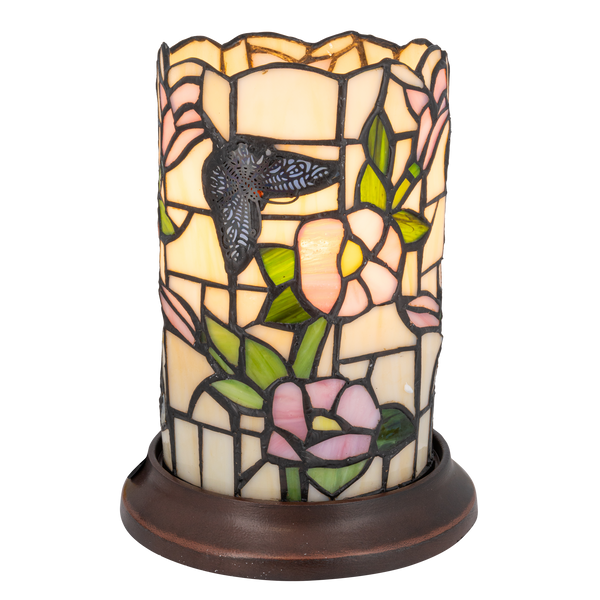 Tiffany tafellamp – Vlinder & Bloemen – Pastelglas – Ø 16,5 cm × H 21 cm (Art. 7175)