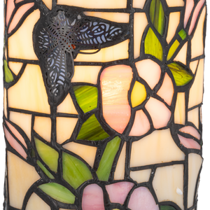 Tiffany tafellamp – Vlinder & Bloemen – Pastelglas – Ø 16,5 cm × H 21 cm (Art. 7175)