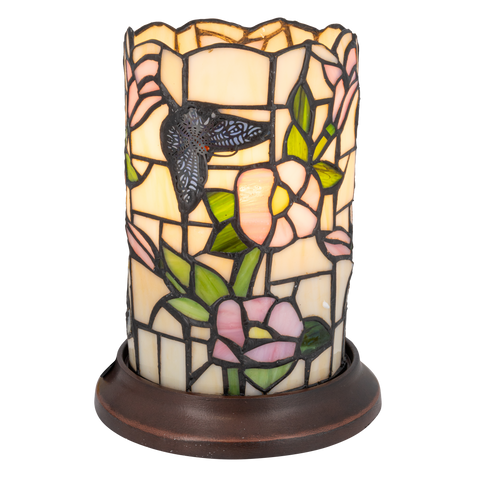 Tiffany tafellamp – Vlinder & Bloemen – Pastelglas – Ø 16,5 cm × H 21 cm (Art. 7175)