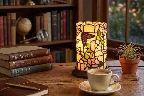 Ingeschakelde Tiffany tafellamp 7175 met vlinders en bloemen in pastelglas op een houten tafel tussen oude boeken in een klassieke werkkamer | RORUVERA