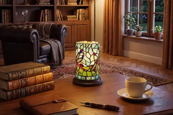 Tiffany tafellamp 7176 met kleurrijk libellenmotief op een houten bureau in een klassieke werkkamer | RORUVERA