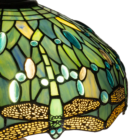 Detail Tiffany vloerlamp libellen van glas in lood in blauw-, groen- en turquoisetinten