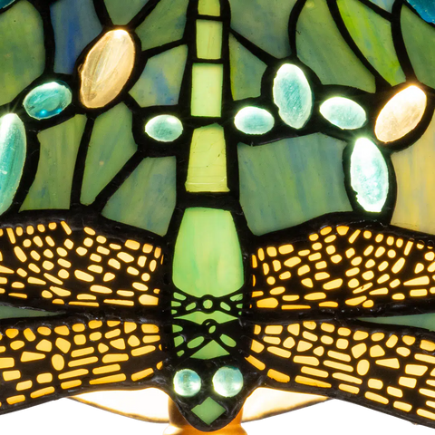 Detail Tiffany vloerlamp libellen van glas in lood in blauw-, groen- en turquoisetinten
