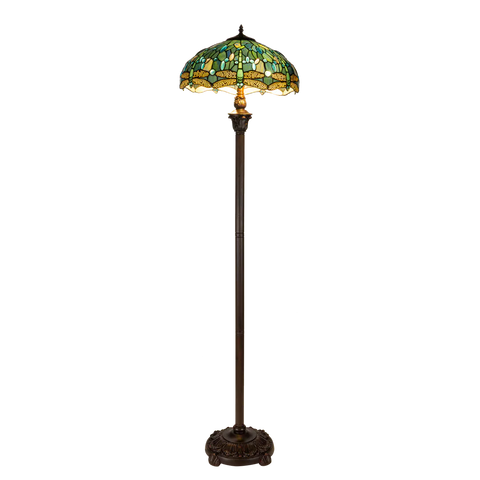 Grote Tiffany vloerlamp libellen van glas in lood in blauw-, groen- en turquoisetinten, uitgeschakeld