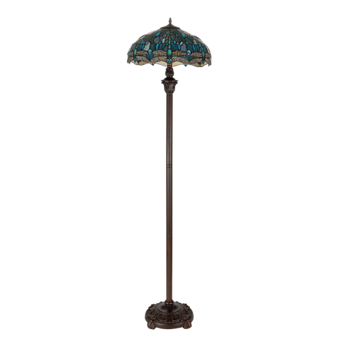 Detail Tiffany vloerlamp libellen van glas in lood in blauw-, groen- en turquoisetinten