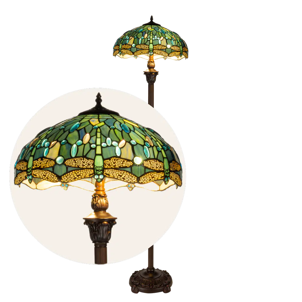 Grote Roruvera Tiffany staande lamp libellen van glas in lood in blauw-, groen- en turquoisetinten, brandend