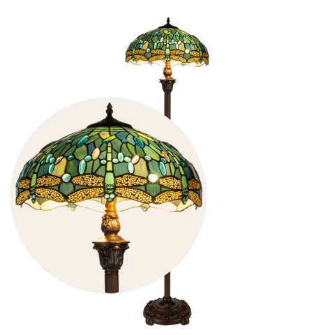 Grote Roruvera Tiffany staande lamp libellen van glas in lood in blauw-, groen- en turquoisetinten, brandend