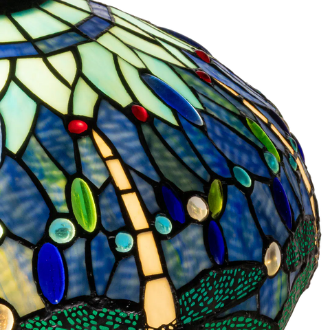 Detail Tiffany vloerlamp libellen van glas in lood in blauw-, groen- en roodtinten