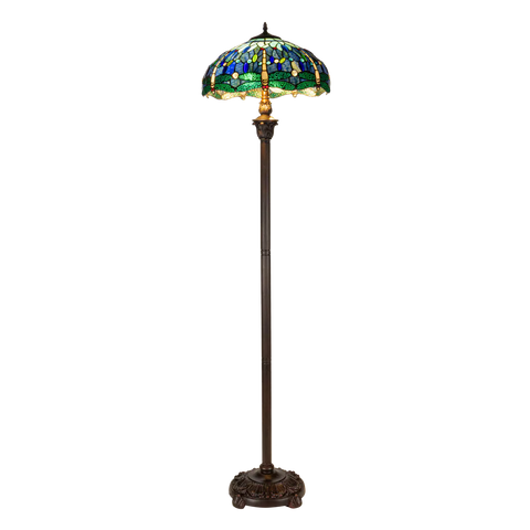 Grote Roruvera Tiffany vloerlamp libellen van glas in lood in blauw-, groen- en roodtinten, brandend