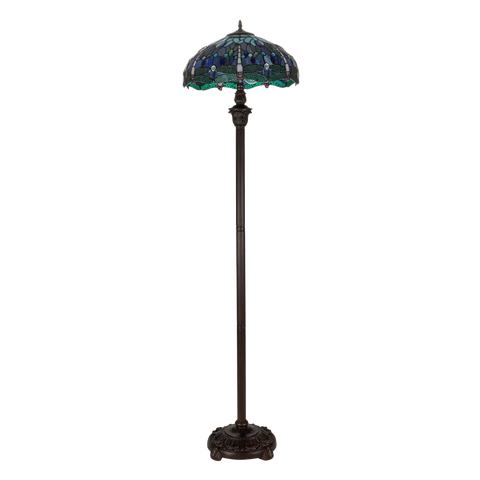 Grote Tiffany vloerlamp libellen van glas in lood in blauw-, groen- en roodtinten, uitgeschakeld