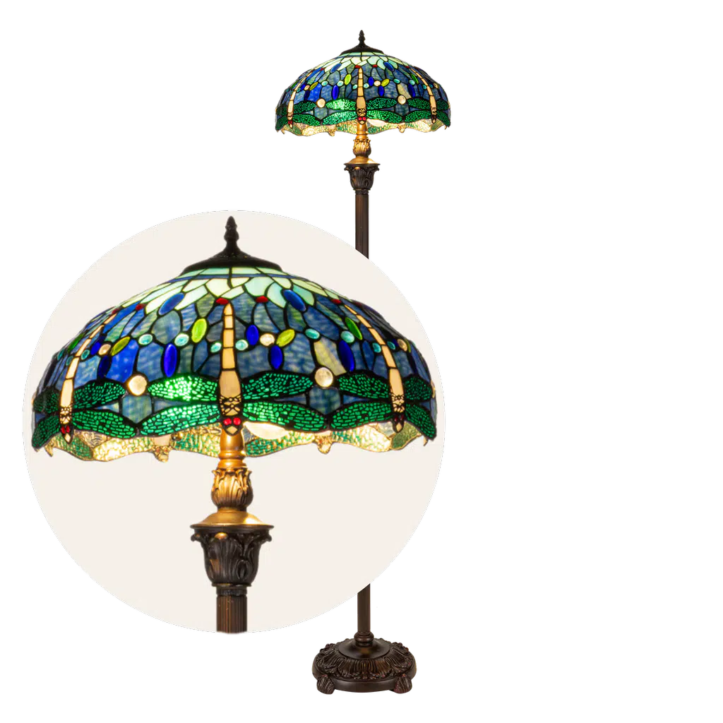 Grote Roruvera Tiffany staande lamp libellen van glas in lood in blauw-, groen- en roodtinten, brandend