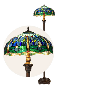 Grote Roruvera Tiffany staande lamp libellen van glas in lood in blauw-, groen- en roodtinten, brandend