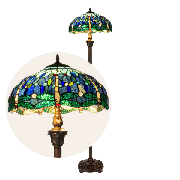 Grote Roruvera Tiffany staande lamp libellen van glas in lood in blauw-, groen- en roodtinten, brandend
