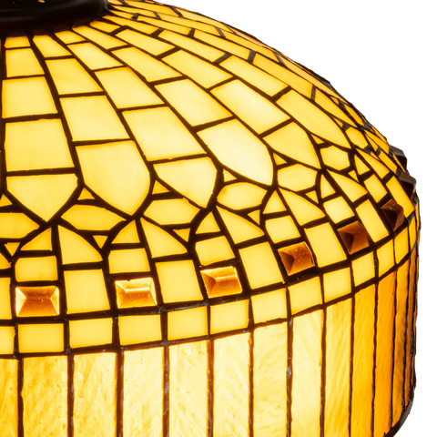 Detail Tiffany vloerlamp geometrisch van glas in lood in crème-, amber- en goudtinten
