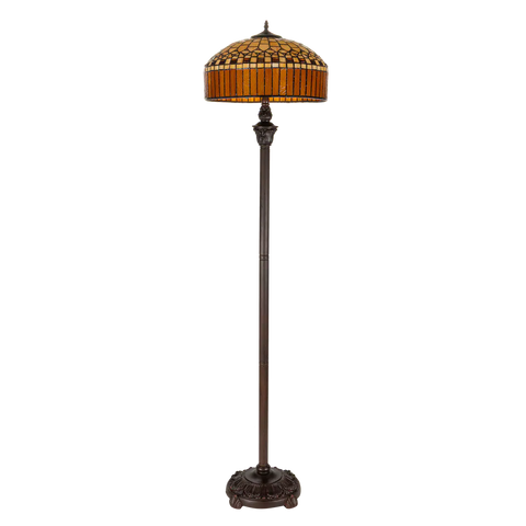 Grote Tiffany vloerlamp geometrisch van glas in lood in crème-, amber- en goudtinten, uitgeschakeld