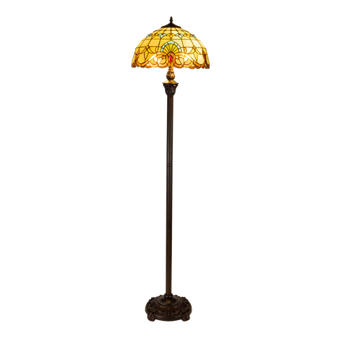 Grote Roruvera Tiffany vloerlamp art nouveau met sierpatroon van glas in lood in geel-, groen- en ambertinten, brandend