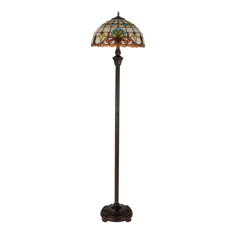 Grote Tiffany vloerlamp art nouveau met sierpatroon van glas in lood in geel-, groen- en ambertinten, uitgeschakeld