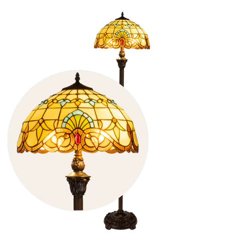 Grote Roruvera Tiffany staande lamp art nouveau met sierpatroon van glas in lood in geel-, groen- en ambertinten, brandend