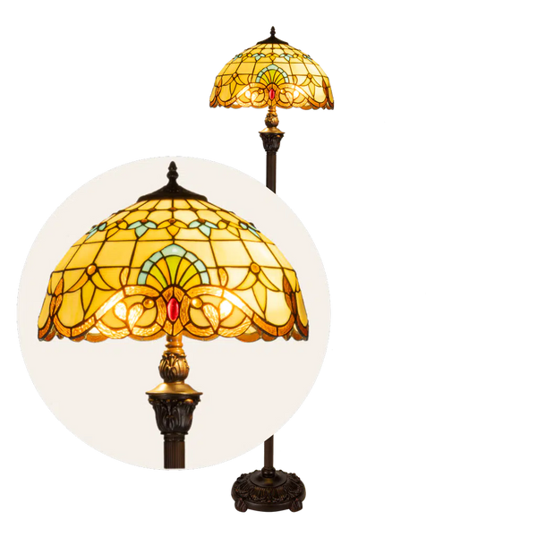 Grote Roruvera Tiffany staande lamp art nouveau met sierpatroon van glas in lood in geel-, groen- en ambertinten, brandend