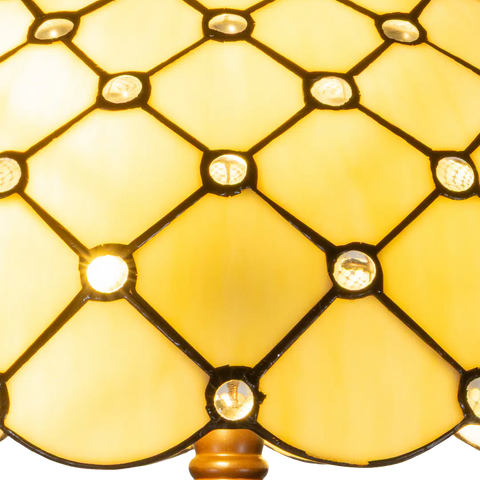 Detail Tiffany vloerlamp ruitpatroon  van glas in lood in crèmetinten met ronde glasaccenten