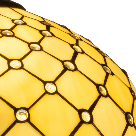 Detail Tiffany vloerlamp ruitpatroon  van glas in lood in crèmetinten met ronde glasaccenten
